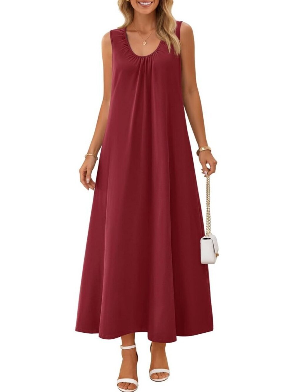 Women's Wine Sundresses Ruch Beach Summer Sleeveless Loose Tank Maxi Dress